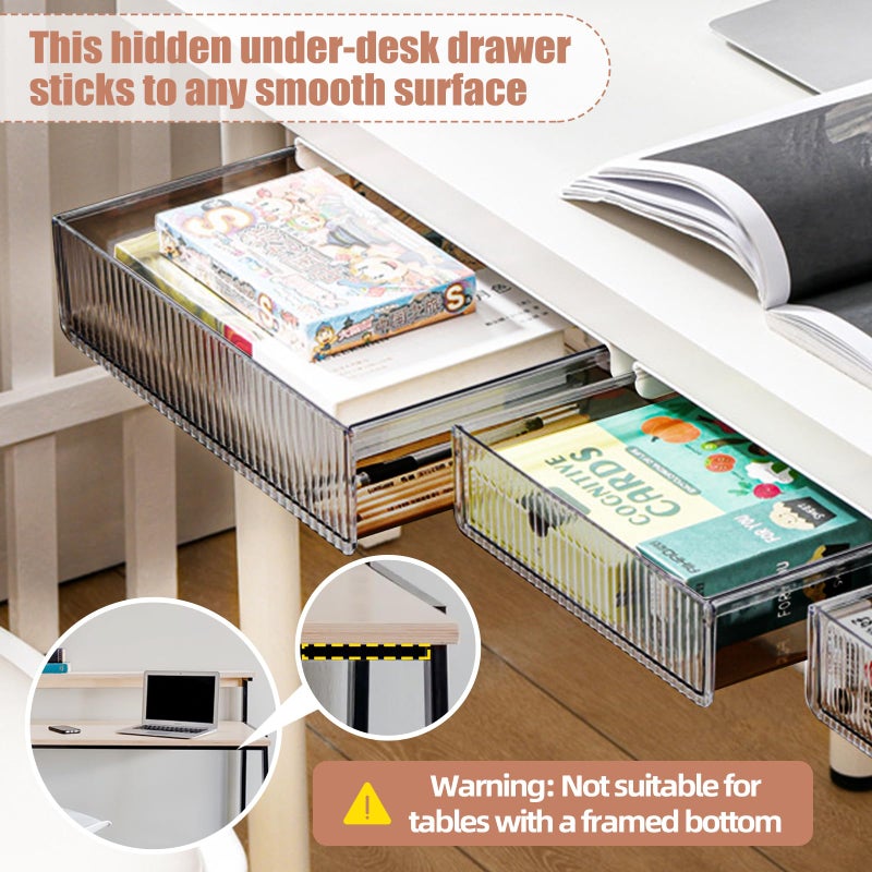 TooCust 2Pcs Under Desk Storage Drawers Slide Out,Large&Medium, Stick On Desk Drawer Organizer Hidden Under Table Drawer for Home Office School Organization and Storage-Transparent Black - Image 3