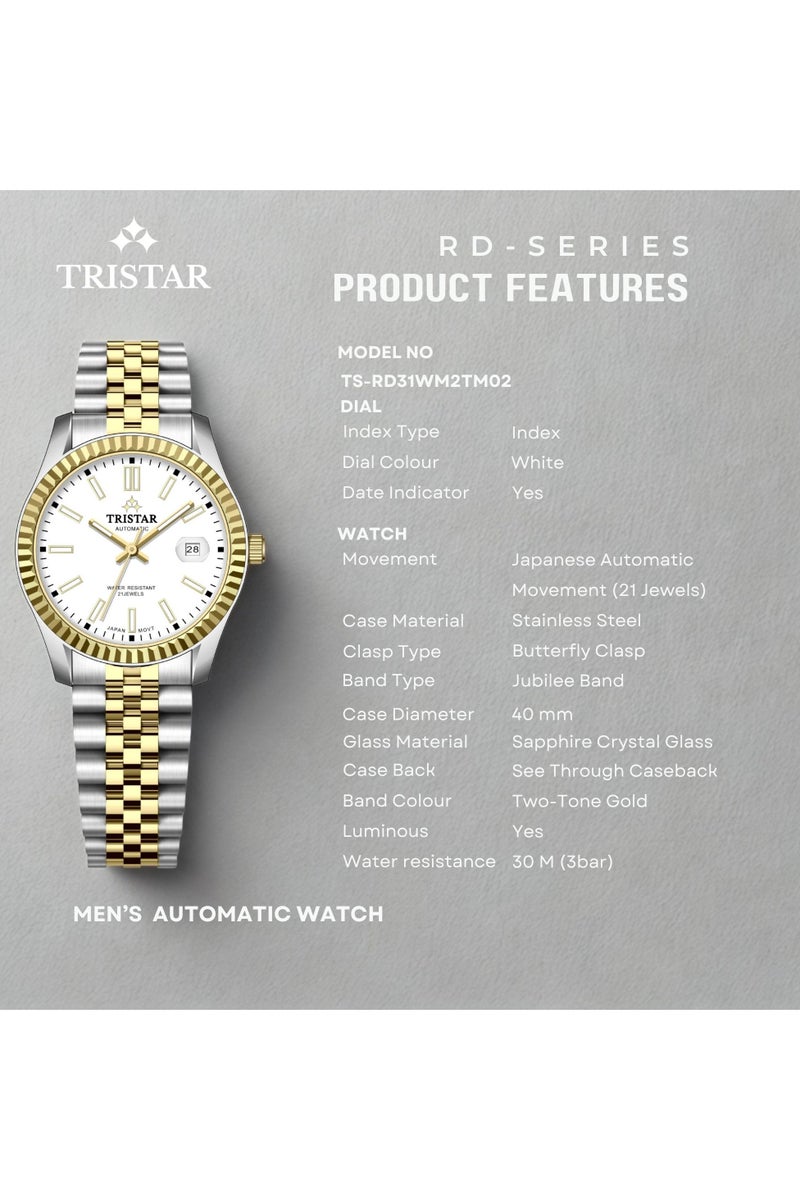 Tristar ساعة تريستار RD سلسلة للرجال أوتوماتيكية يابانية بقرص أبيض وسوار من الفولاذ المقاوم للصدأ بتصميم ثنائي اللون - Image 2