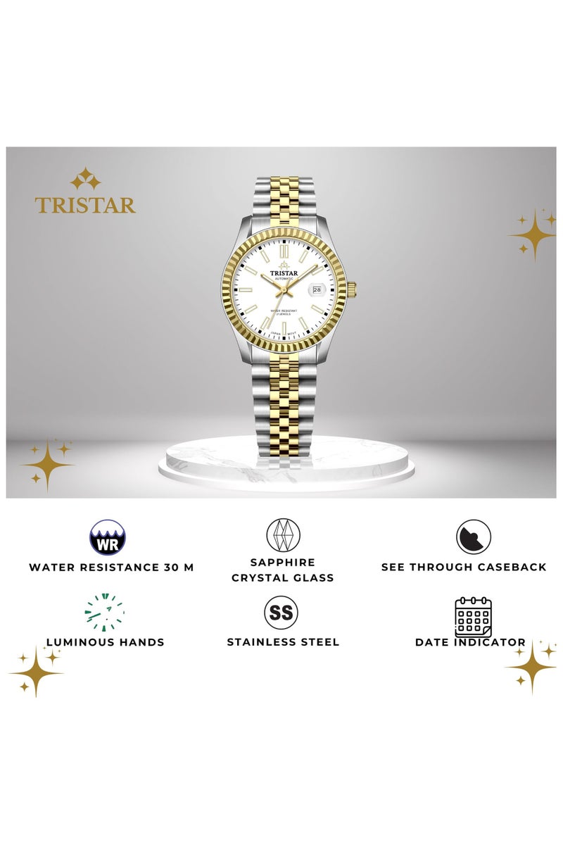 Tristar ساعة تريستار RD سلسلة للرجال أوتوماتيكية يابانية بقرص أبيض وسوار من الفولاذ المقاوم للصدأ بتصميم ثنائي اللون - Image 3
