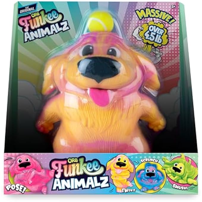 ORB Funkee Animalz Dog Jumbo (Yellow/Pink) - Big 5 lb Stretchy Dog with Ball - Funny, Squishy, Squeeze for Stress Relief - Novelty Sensory Fidget Popular Collectible Animal Toys for Kids and Adults - Image 4