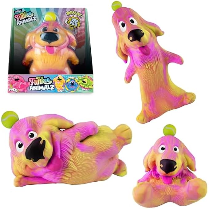 ORB Funkee Animalz Dog Jumbo (Yellow/Pink) - Big 5 lb Stretchy Dog with Ball - Funny, Squishy, Squeeze for Stress Relief - Novelty Sensory Fidget Popular Collectible Animal Toys for Kids and Adults - Image 1