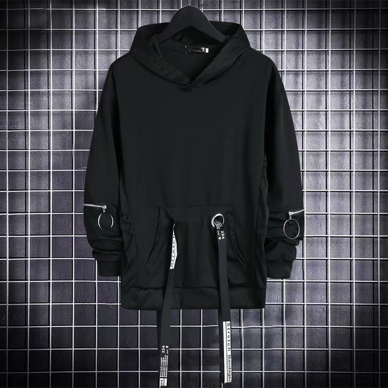 Autumn 2020 New Hip-hop Sweatshirt Mens Hooded ins Trendy Brand Fashionable Hong Kong Style All-match Autumn Clothes Ribbon Jacket Round Hole Sweat-Black