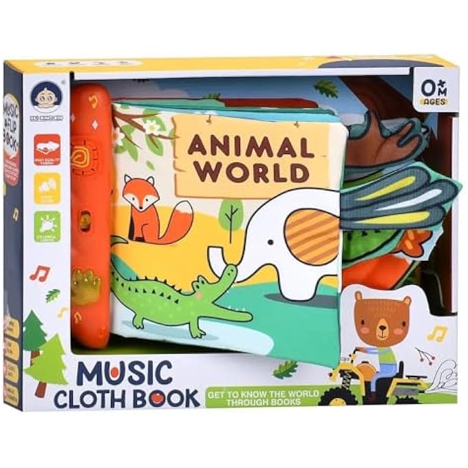 BABY CLOTH BOOK – ‘ANIMAL WORLD’ SOFT FABRIC BOOK WITH CRINKLE PAGES, SOOTHING LIGHTS & MUSIC, SENSORY LEARNING TOY WITH TEETHER & HANGING RING – WASHABLE, NON-TOXIC – AGES 0+ - Image 2