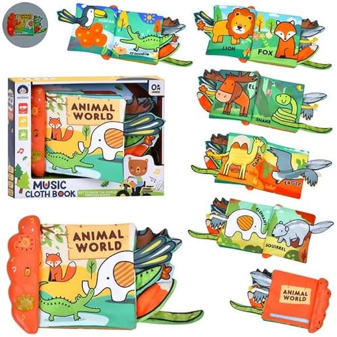 BABY CLOTH BOOK – ‘ANIMAL WORLD’ SOFT FABRIC BOOK WITH CRINKLE PAGES, SOOTHING LIGHTS & MUSIC, SENSORY LEARNING TOY WITH TEETHER & HANGING RING – WASHABLE, NON-TOXIC – AGES 0+ - Image 1