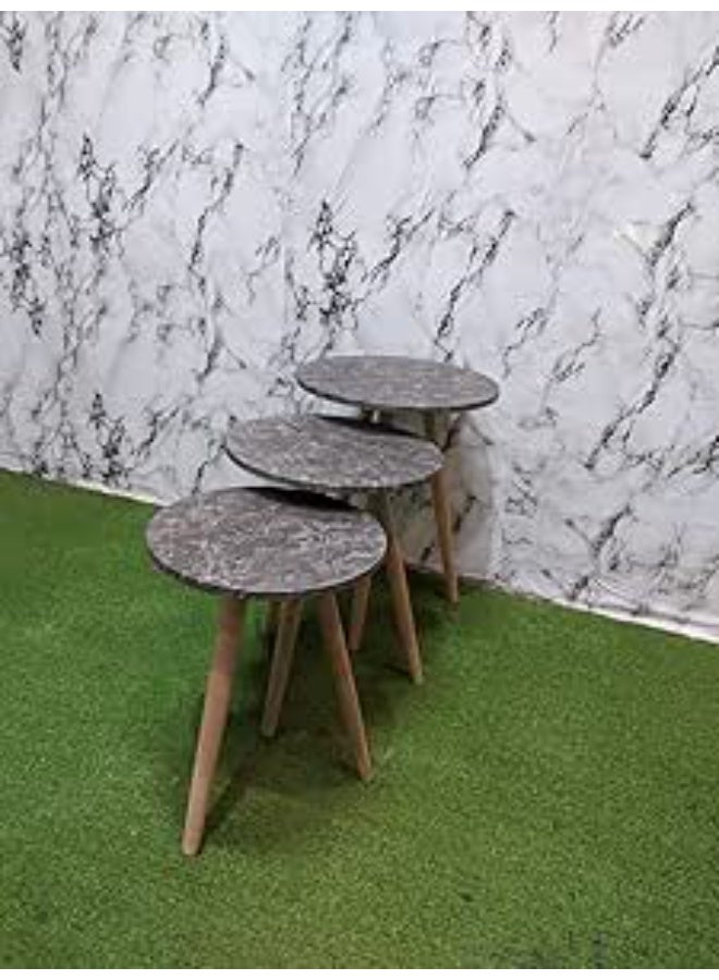 3-Piece Round Nesting Coffee Tables Set, Modern Dark Marble Pattern Wood Top with Sturdy Wooden Legs Accent Tables for Living Room