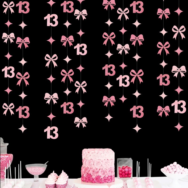 pinkblume Glitter Pink 13th Bow Birthday Decorations Hot Pink Conquette Bow Garland Streamer Banner Backdrop for Girls Happy 13th Birthday Official Teenager Cheers to 13 Years Old Anniversary Party Supplies - Image 1