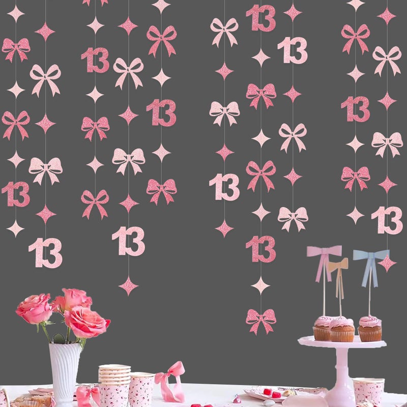 pinkblume Glitter Pink 13th Bow Birthday Decorations Hot Pink Conquette Bow Garland Streamer Banner Backdrop for Girls Happy 13th Birthday Official Teenager Cheers to 13 Years Old Anniversary Party Supplies - Image 3