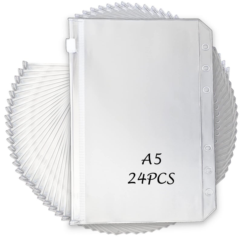 Tutata 24PCS A5 Binder Pockets, A5 Budget Envelopes with Zipper, Waterproof, 6-Ring Notebook Binder, Document Filing Bags - Image 1