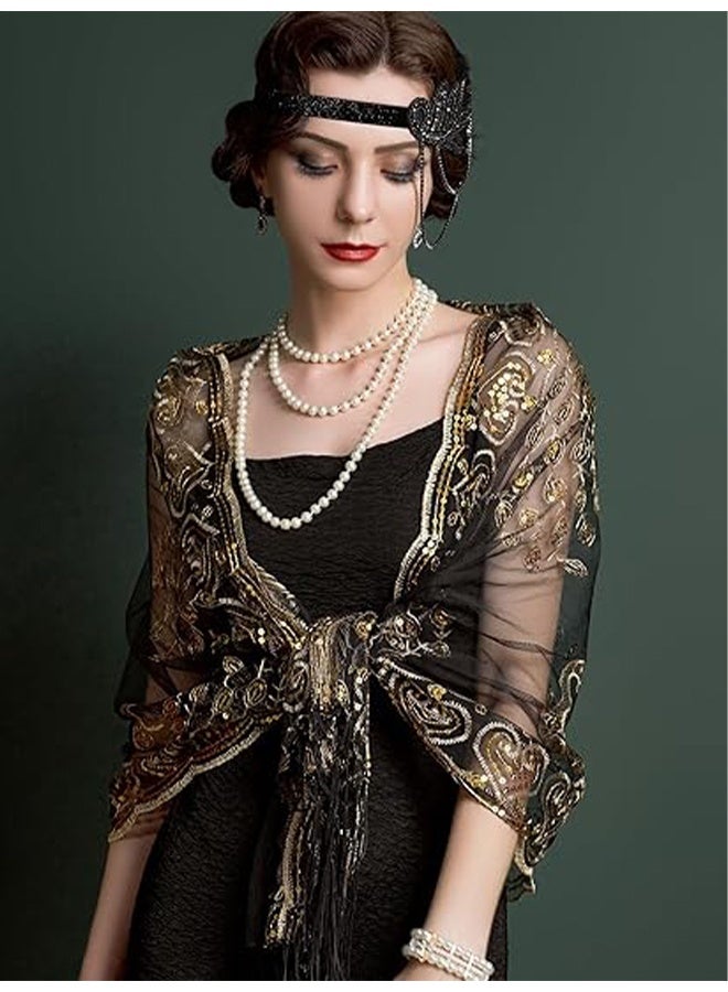 اتش واي شال ولفائف نسائية من عشرينيات القرن الماضي مزين بخرز متلألئ للفساتين المسائية وحفلات الزفاف، شال للنساء العرائس، لفائف كابليت عروس، كاب مكسيكي، بوليرو، غطاء فلابر. - Image 3