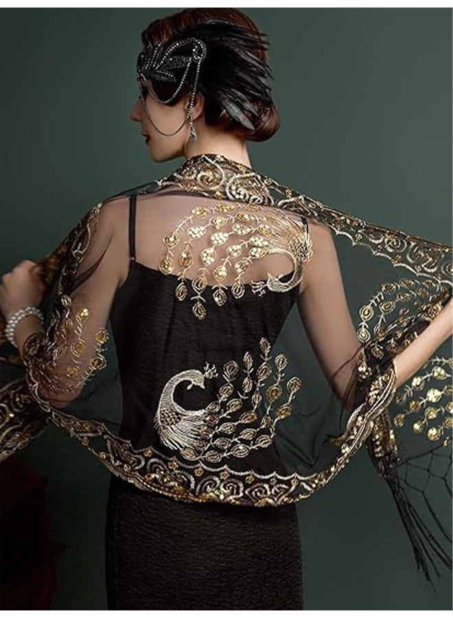 اتش واي شال ولفائف نسائية من عشرينيات القرن الماضي مزين بخرز متلألئ للفساتين المسائية وحفلات الزفاف، شال للنساء العرائس، لفائف كابليت عروس، كاب مكسيكي، بوليرو، غطاء فلابر. - Image 4