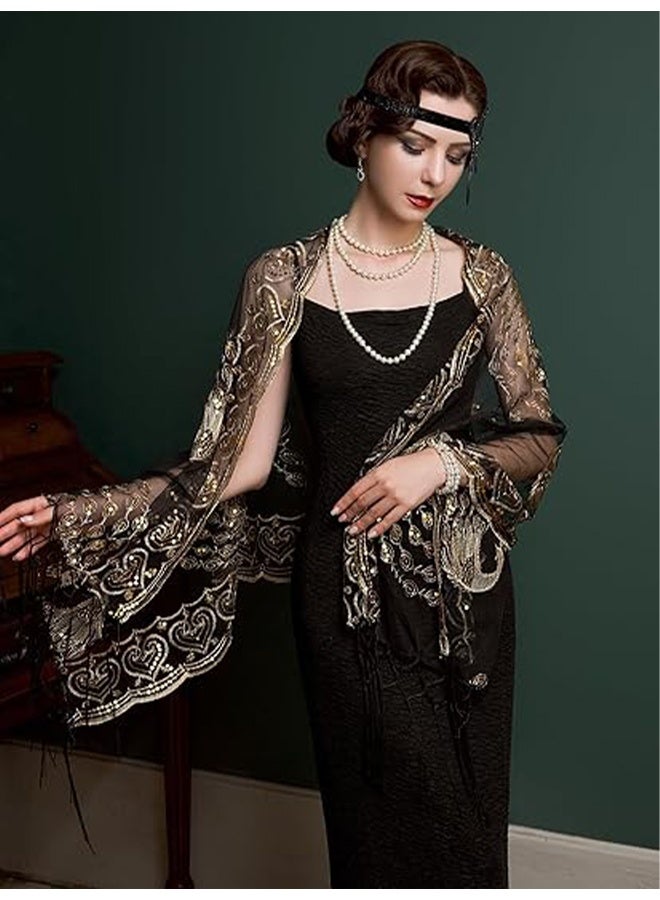 اتش واي شال ولفائف نسائية من عشرينيات القرن الماضي مزين بخرز متلألئ للفساتين المسائية وحفلات الزفاف، شال للنساء العرائس، لفائف كابليت عروس، كاب مكسيكي، بوليرو، غطاء فلابر. - Image 5