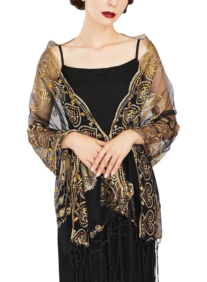 اتش واي شال ولفائف نسائية من عشرينيات القرن الماضي مزين بخرز متلألئ للفساتين المسائية وحفلات الزفاف، شال للنساء العرائس، لفائف كابليت عروس، كاب مكسيكي، بوليرو، غطاء فلابر. - Image 1