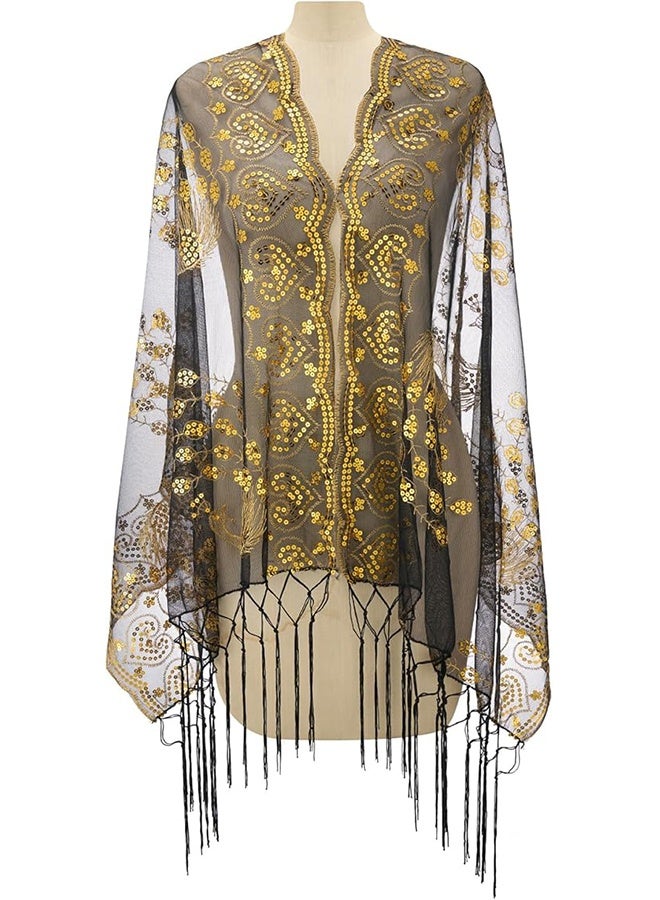 اتش واي شال ولفائف نسائية من عشرينيات القرن الماضي مزين بخرز متلألئ للفساتين المسائية وحفلات الزفاف، شال للنساء العرائس، لفائف كابليت عروس، كاب مكسيكي، بوليرو، غطاء فلابر. - Image 2