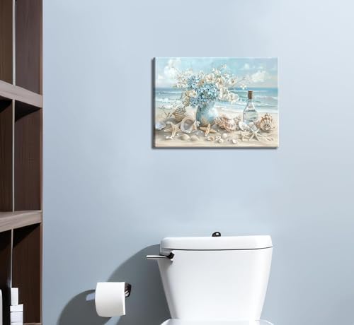 AKOTAC Blue Ocean Beach Bathroom Canvas Wall Art Seaside Seashell Painting Print Artwork Starfish with White Flower Coastal Picture Wall Decor for Living Room Bedroom Bathroom Decoration - Image 5