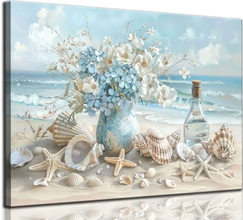 AKOTAC Blue Ocean Beach Bathroom Canvas Wall Art Seaside Seashell Painting Print Artwork Starfish with White Flower Coastal Picture Wall Decor for Living Room Bedroom Bathroom Decoration - Image 1