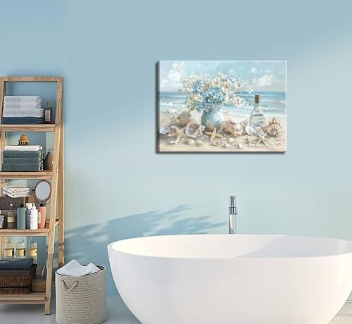 AKOTAC Blue Ocean Beach Bathroom Canvas Wall Art Seaside Seashell Painting Print Artwork Starfish with White Flower Coastal Picture Wall Decor for Living Room Bedroom Bathroom Decoration - Image 3