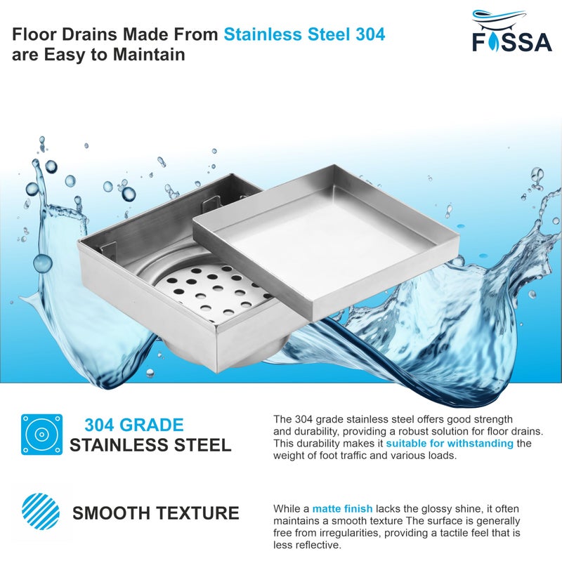 Fossa Marble 6"x6" Inch Square Floor Drain, 304 Grade Stainless Steel, for Bathroom Grating Square Floor Drain Jali, (Matte Finish) - Image 4