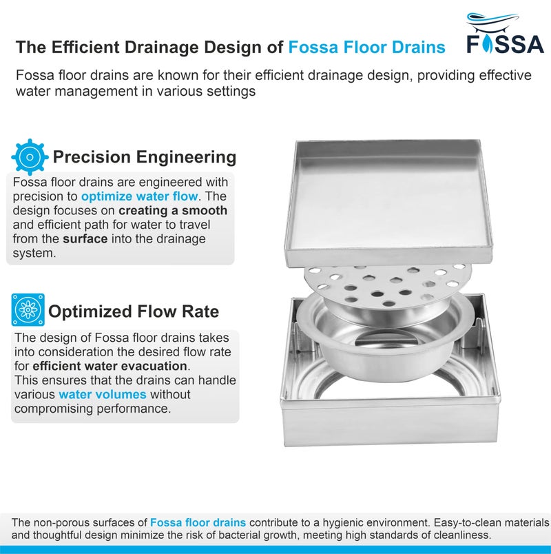 Fossa Marble 6"x6" Inch Square Floor Drain, 304 Grade Stainless Steel, for Bathroom Grating Square Floor Drain Jali, (Matte Finish) - Image 3