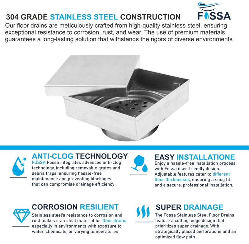 Fossa Marble 6"x6" Inch Square Floor Drain, 304 Grade Stainless Steel, for Bathroom Grating Square Floor Drain Jali, (Matte Finish) - Image 5