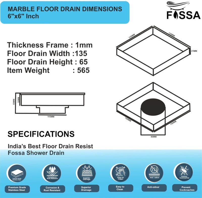 Fossa Marble 6"x6" Inch Square Floor Drain, 304 Grade Stainless Steel, for Bathroom Grating Square Floor Drain Jali, (Matte Finish) - Image 2
