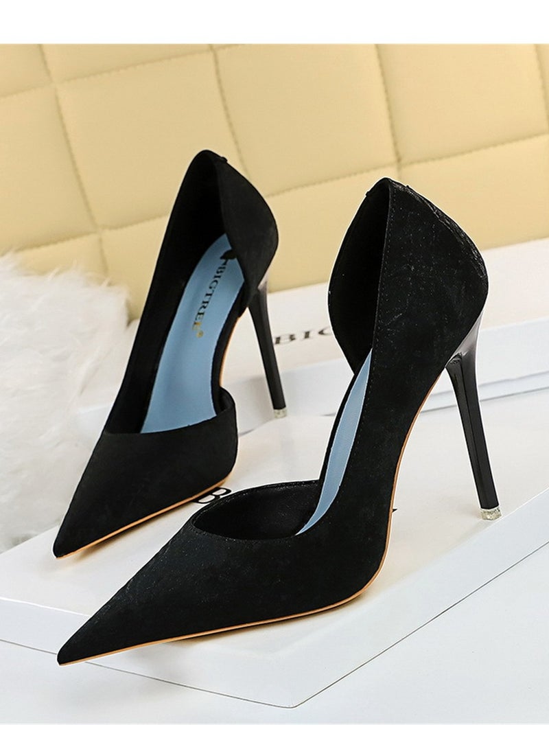 BIGTREE 10.5cm European And American Fashion Slimming Side Hollow-Out Heels With Thin Cloth Shallow Mouth Pointed Black - Image 1