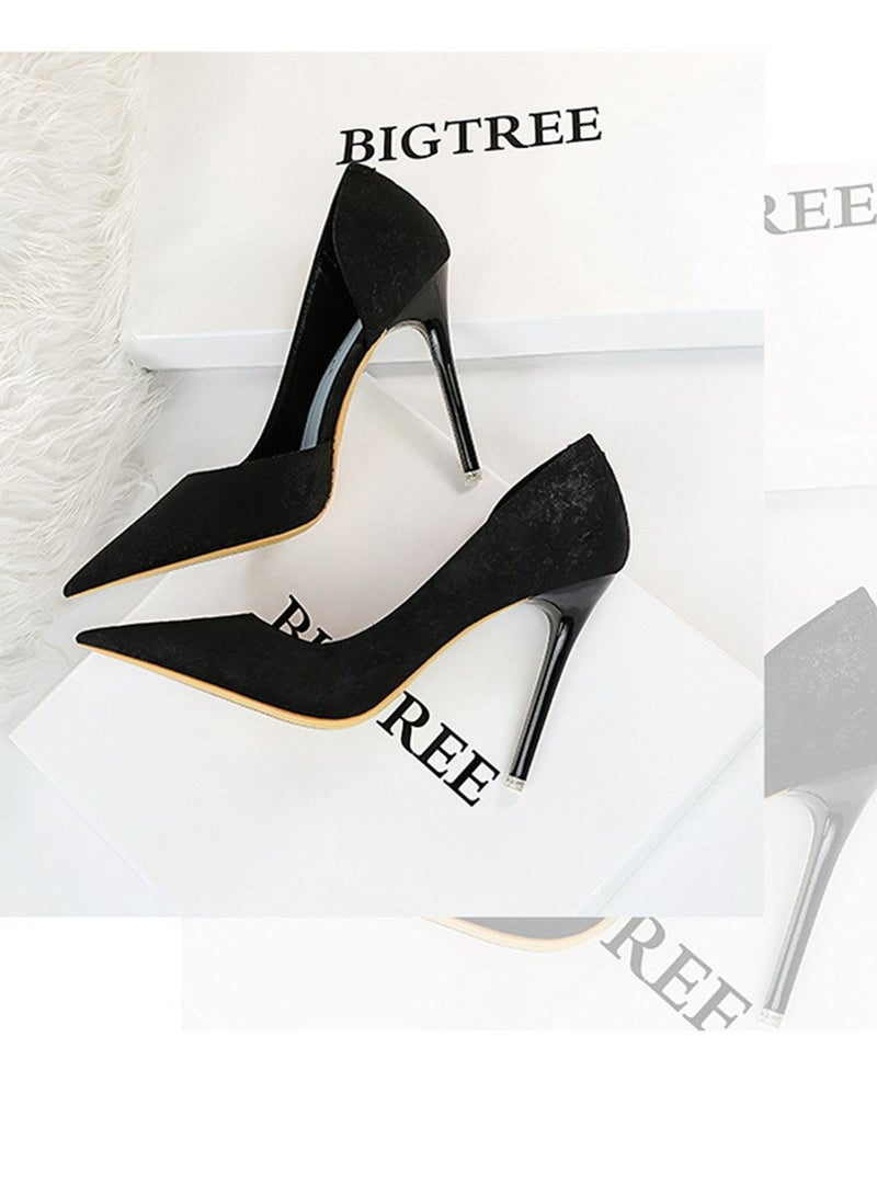 BIGTREE 10.5cm European And American Fashion Slimming Side Hollow-Out Heels With Thin Cloth Shallow Mouth Pointed Black - Image 2