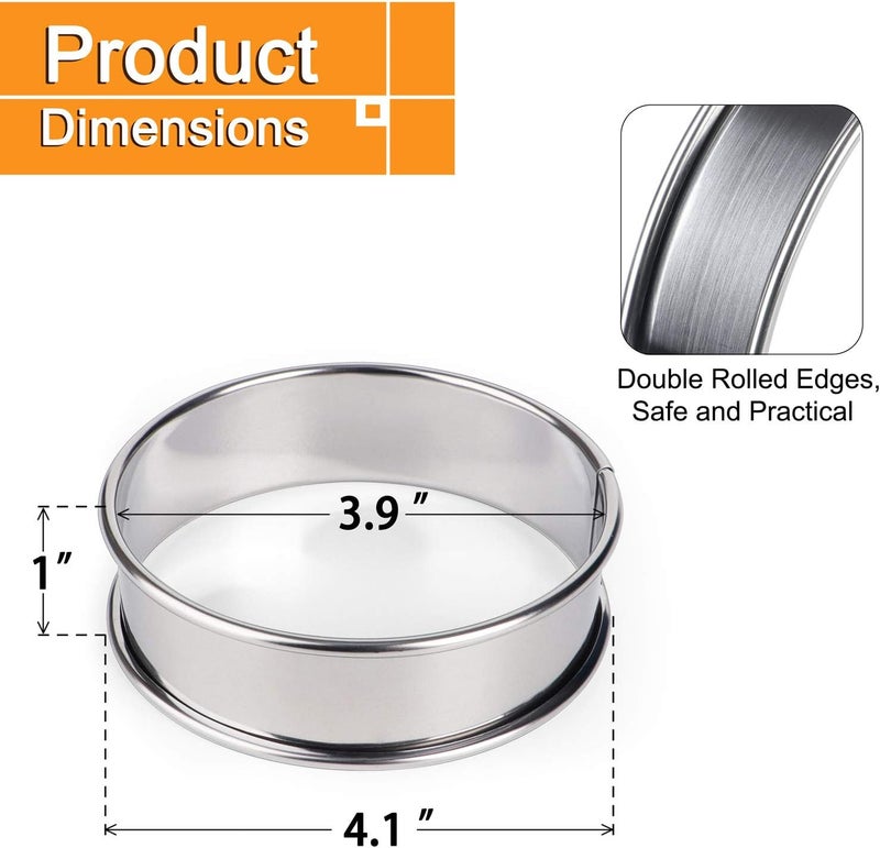 FANGSUN 4 Inch English Muffin Rings, Stainless Steel Crumpet Rings, Tart Rings for Baking, Double Rolled Nonstick Round Cake Ring, Metal Pastry Ring Mold for Dessert Food Making Tool - Image 2