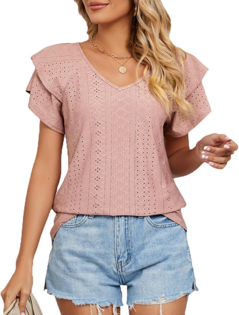 2025 Cross-Border European and American Fashion Spring and Summer New Style Cut Out Round Neck Pullover Lotus Leaf Sleeve Short-Sleeved T-Shirt Casual Top for Women Lotus color  - Image 1
