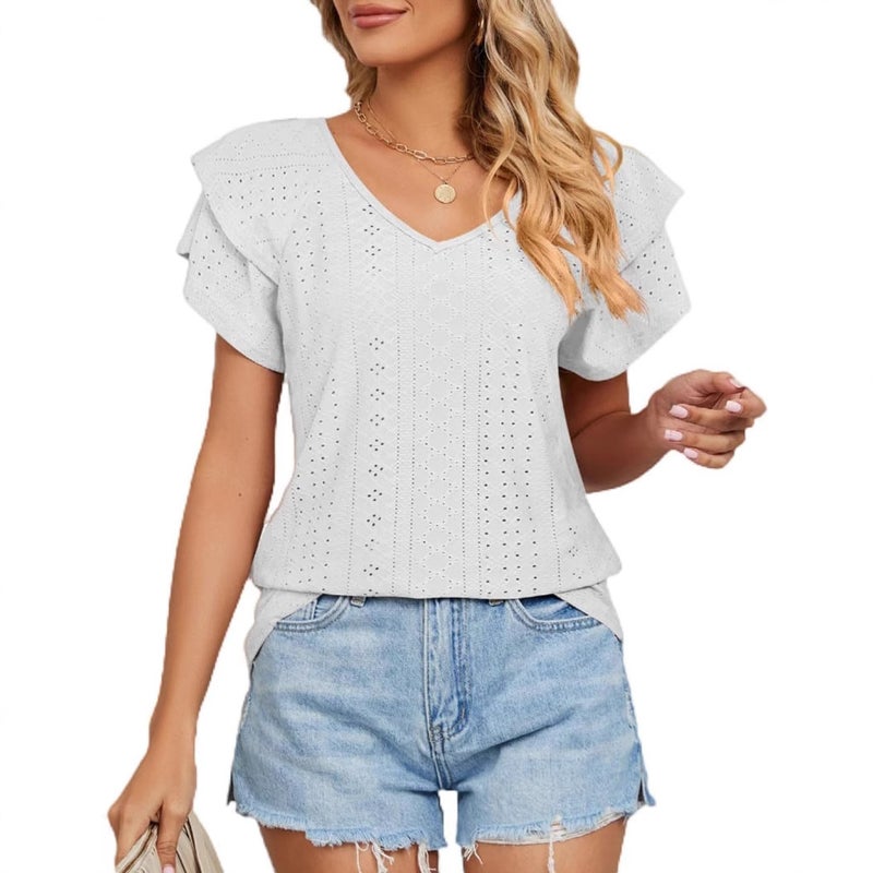 2025 Cross-Border European and American Fashion Spring and Summer New Style Cut Out Round Neck Pullover Lotus Leaf Sleeve Short-Sleeved T-Shirt Casual Top for Women Lotus color  - Image 5