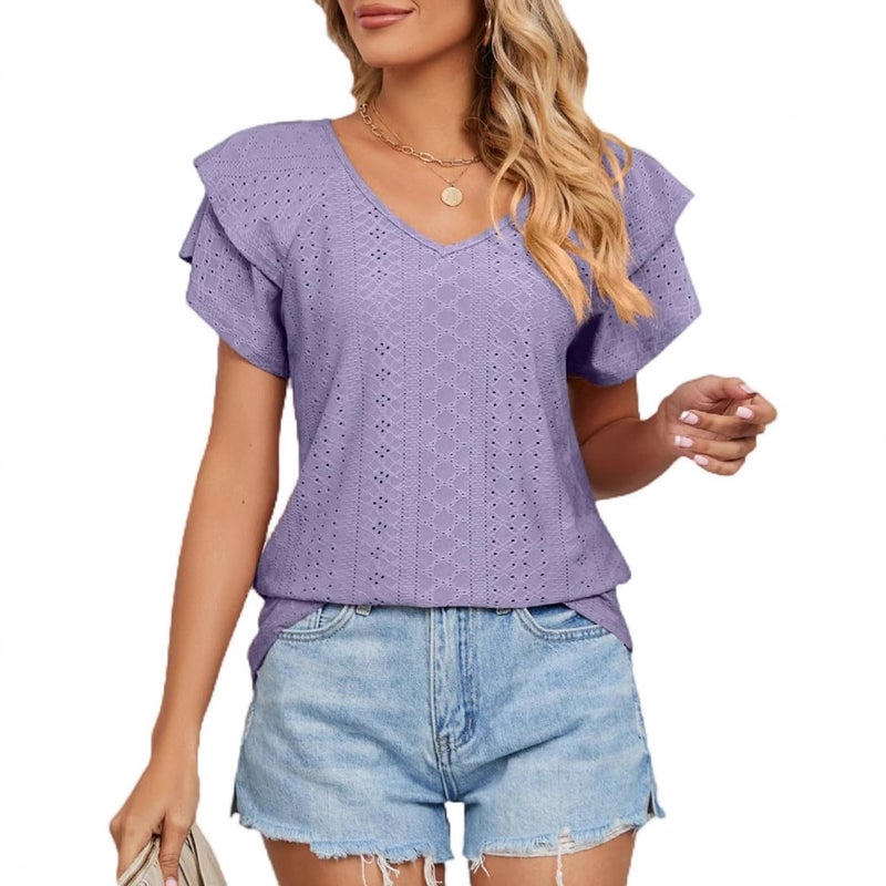 2025 Cross-Border European and American Fashion Spring and Summer New Style Cut Out Round Neck Pullover Lotus Leaf Sleeve Short-Sleeved T-Shirt Casual Top for Women Lotus color  - Image 4