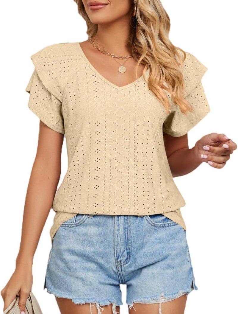 2025 Cross-Border European and American Fashion Spring and Summer New Style Cut Out Round Neck Pullover Lotus Leaf Sleeve Short-Sleeved T-Shirt Casual Top for Women Lotus color  - Image 3