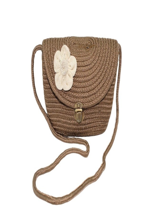 AURKA Women Handmade Crochet Sling Bag, Knitted Crossbody Shoulder Purse With Floral Applique, Small Lightweight Mini Handbag With Magnetic Lock for Daily & Casual Use (Brown) - Image 1