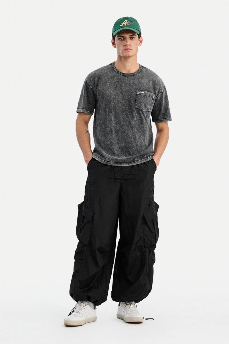 سنيتش Black Textured Half Sleeve Oversized Casual T-Shirt