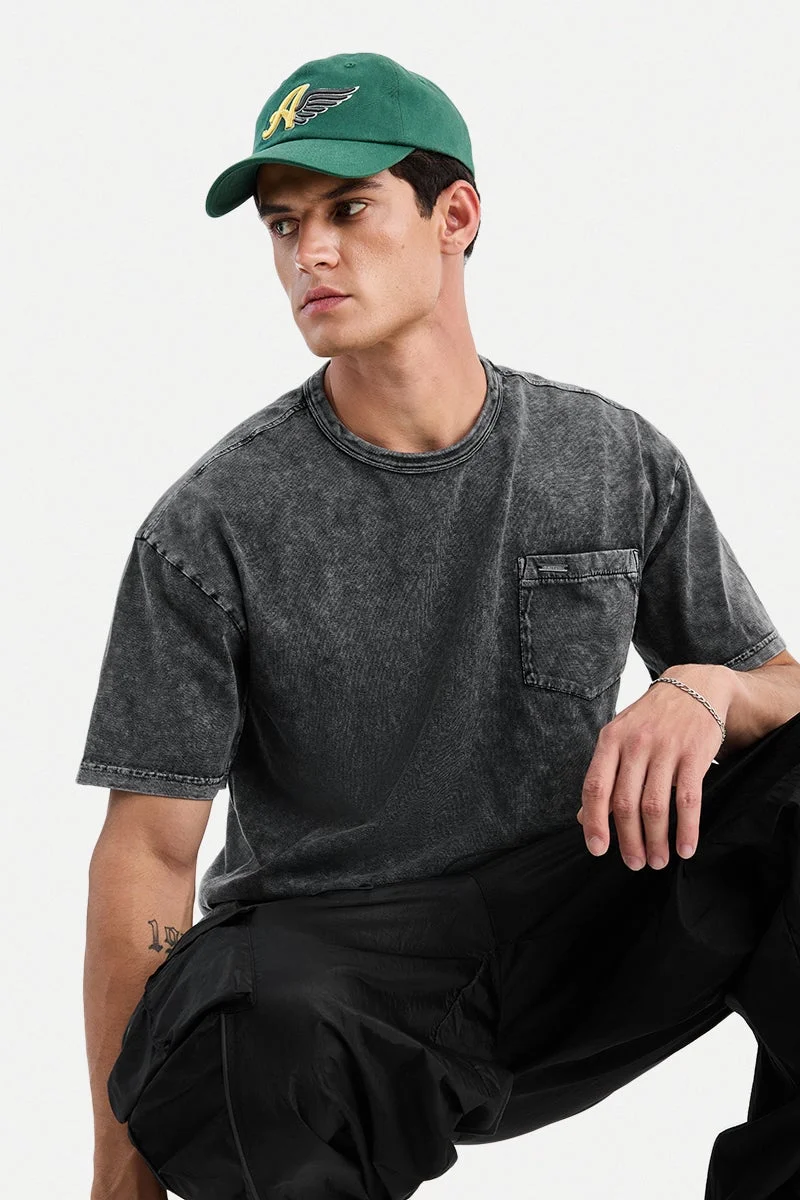 SNITCH Black Black Textured Half Sleeve Oversized Casual T-Shirt for Men | Best Price UAE
