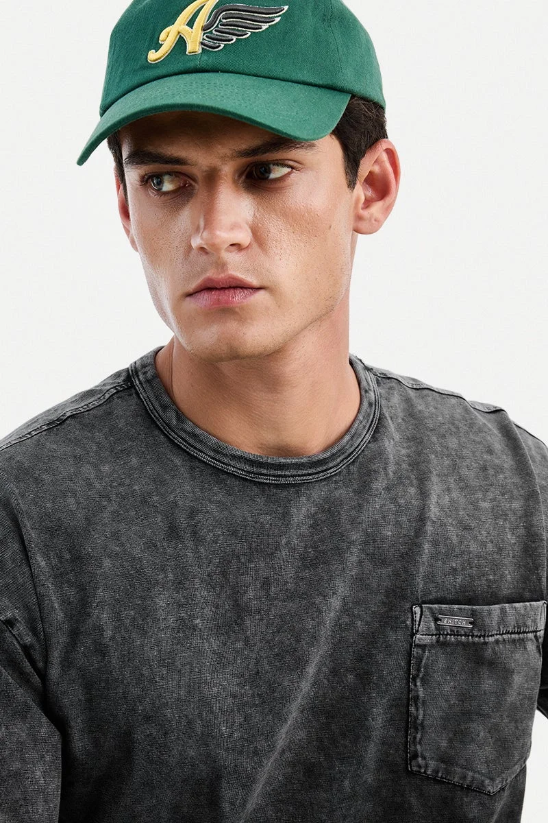 SNITCH Black Black Textured Half Sleeve Oversized Casual T-Shirt for Men | Best Price UAE