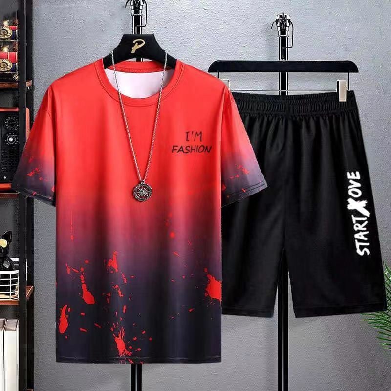 Mens Summer Fashion Gradient Ice Silk Short-sleeve Set Red Gradient suit 