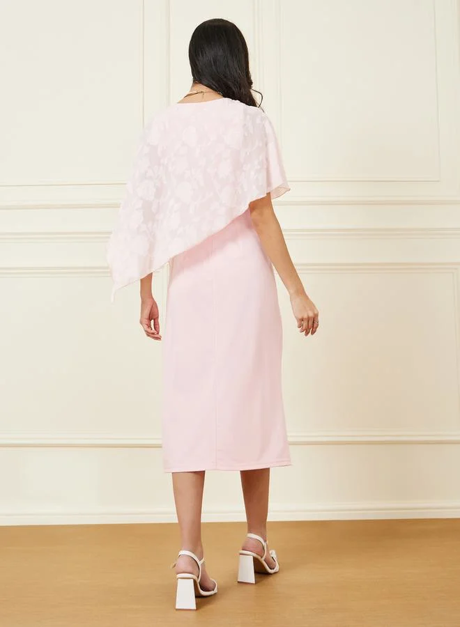 Styli Burnout Texture Cape Sleeves Shift Midi Dress