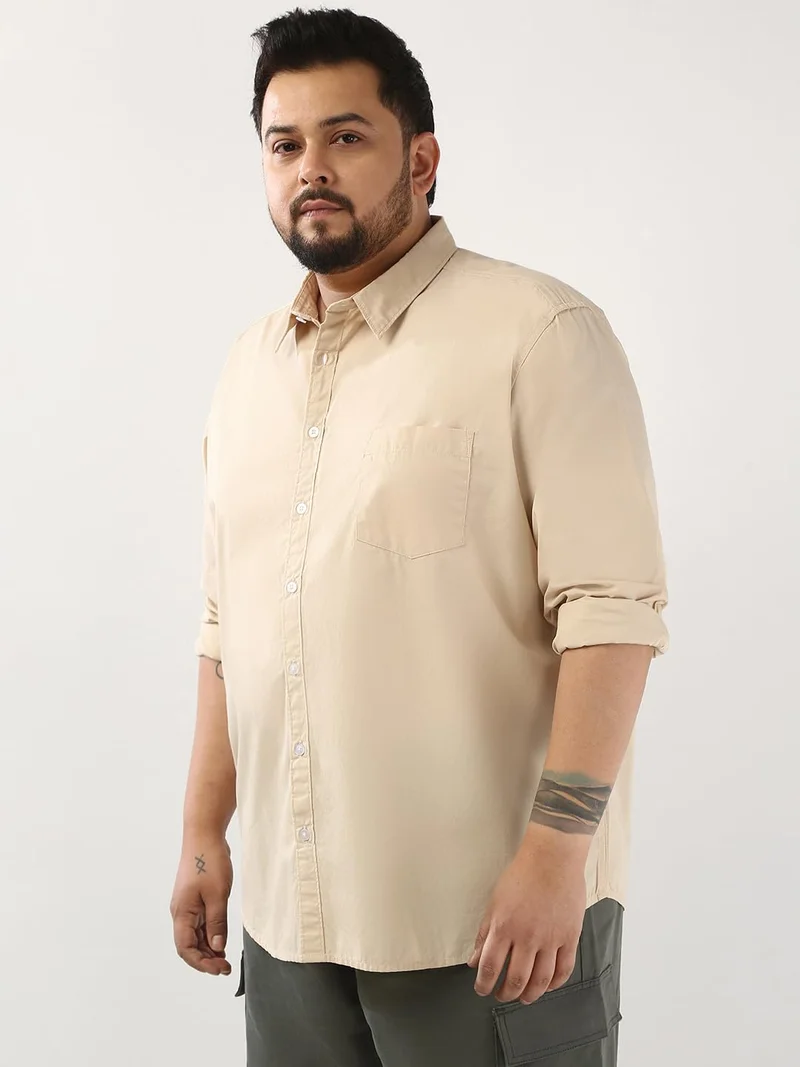Urbano Plus Men's Beige Cotton Full Sleeve Regular Fit Casual Solid Shirt