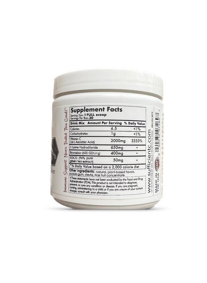 Sufficient-C Sufficient-C High Dose Non-GMO Vitamin C Lemon Peach Immune-Ade Drink Mix, Convenient 125 Gram Size w/L-lysine, Bromelain & a Premium 96% Pure Green Tea Extract - Stomach Friendly, Adrenal Supportive  - Image 2