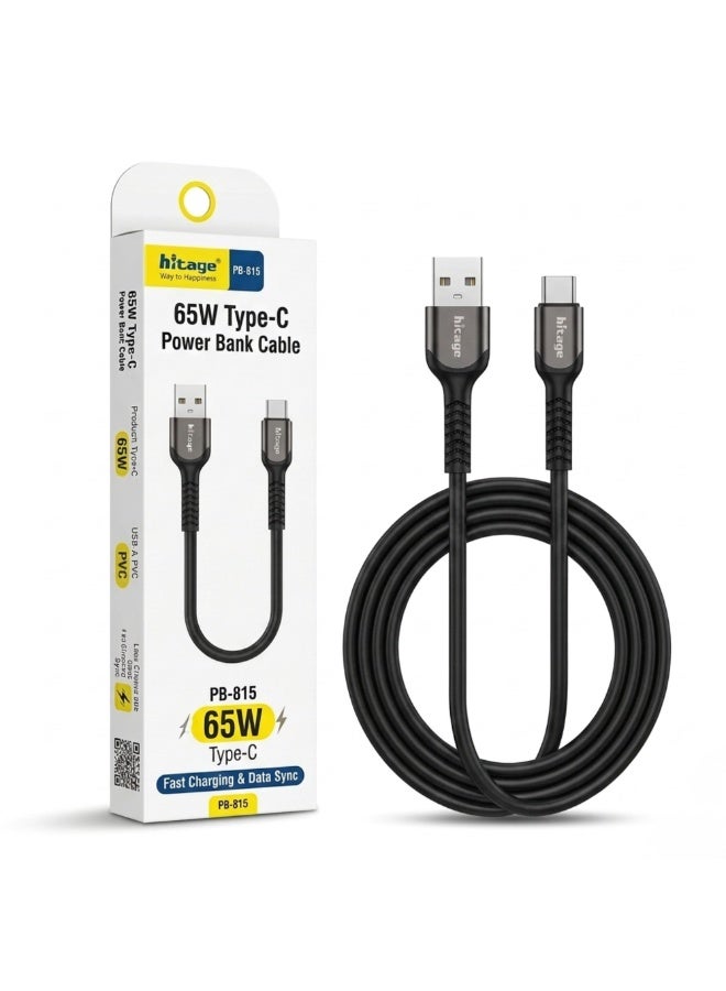 هيتيج كابل شحن سريع Hitage PB-815 بقدرة 65 واط ومنفذ Type-C (من USB-A إلى USB-C)، بطول 1 متر، يدعم مزامنة البيانات ومتوافق مع أجهزة iPhone وSamsung وiPad Pro والأجهزة المزودة بمنفذ USB-C، لون أسود. - Image 1