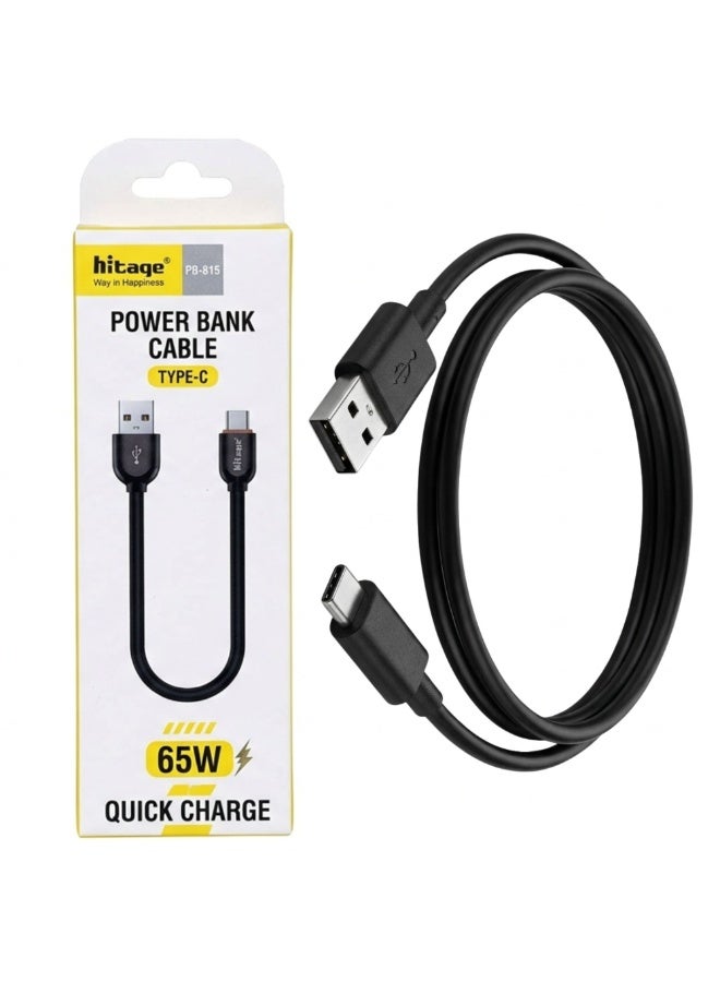 هيتيج كابل شحن سريع Hitage PB-815 بقدرة 65 واط ومنفذ Type-C (من USB-A إلى USB-C)، بطول 1 متر، يدعم مزامنة البيانات ومتوافق مع أجهزة iPhone وSamsung وiPad Pro والأجهزة المزودة بمنفذ USB-C، لون أسود. - Image 2
