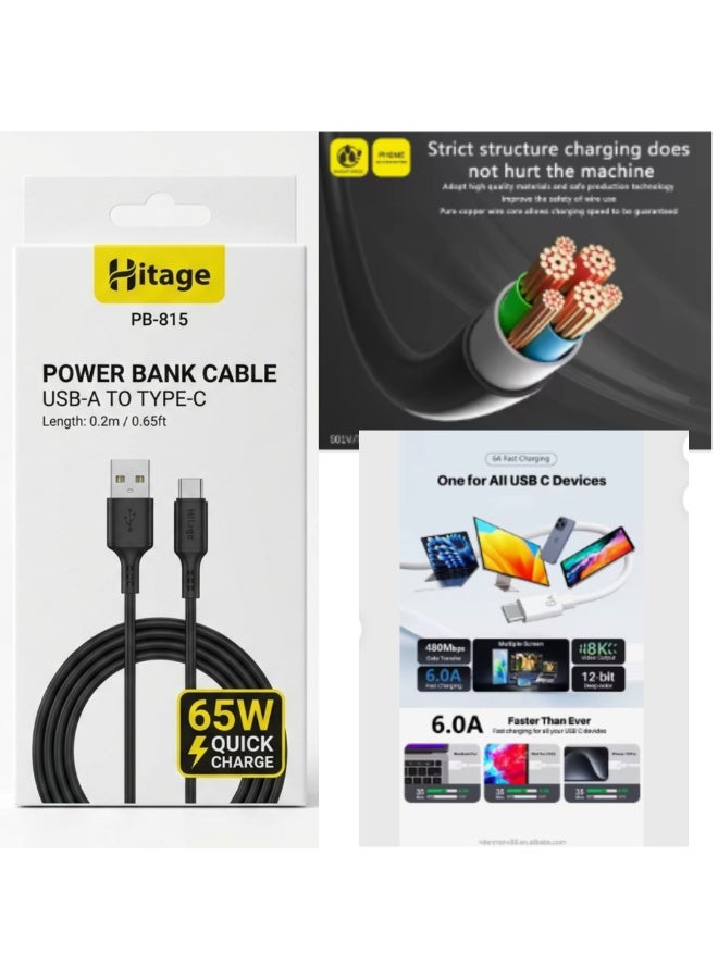 هيتيج كابل شحن سريع Hitage PB-815 بقدرة 65 واط ومنفذ Type-C (من USB-A إلى USB-C)، بطول 1 متر، يدعم مزامنة البيانات ومتوافق مع أجهزة iPhone وSamsung وiPad Pro والأجهزة المزودة بمنفذ USB-C، لون أسود. - Image 3