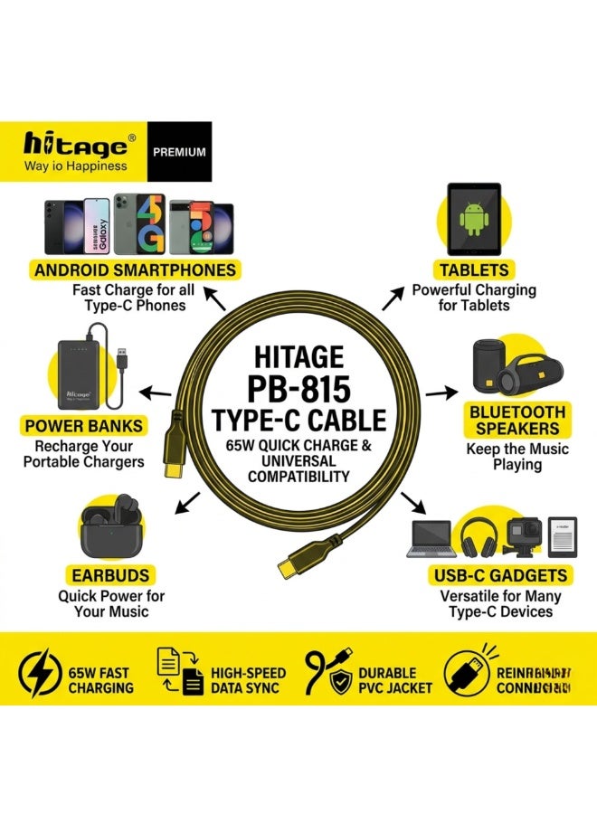 هيتيج كابل شحن سريع Hitage PB-815 بقدرة 65 واط ومنفذ Type-C (من USB-A إلى USB-C)، بطول 1 متر، يدعم مزامنة البيانات ومتوافق مع أجهزة iPhone وSamsung وiPad Pro والأجهزة المزودة بمنفذ USB-C، لون أسود. - Image 5