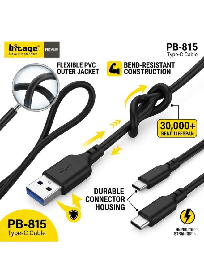 هيتيج كابل شحن سريع Hitage PB-815 بقدرة 65 واط ومنفذ Type-C (من USB-A إلى USB-C)، بطول 1 متر، يدعم مزامنة البيانات ومتوافق مع أجهزة iPhone وSamsung وiPad Pro والأجهزة المزودة بمنفذ USB-C، لون أسود. - Image 4