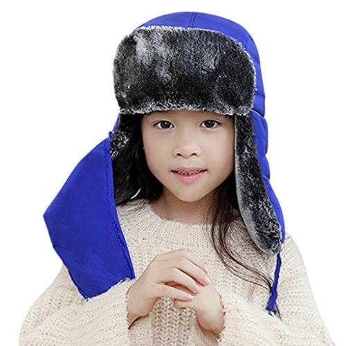 Fakeface Unisex Kids Teens Girls Boys Faux Fur Winter Warm Trapper Hat with Ear Flaps,Windproof Face Mask Fleece Thermal Outdoor Snow Ski Russian Ushanka Cap Trapper Trooper Pilot Aviator Hat Headwear - Blue - - Image 2