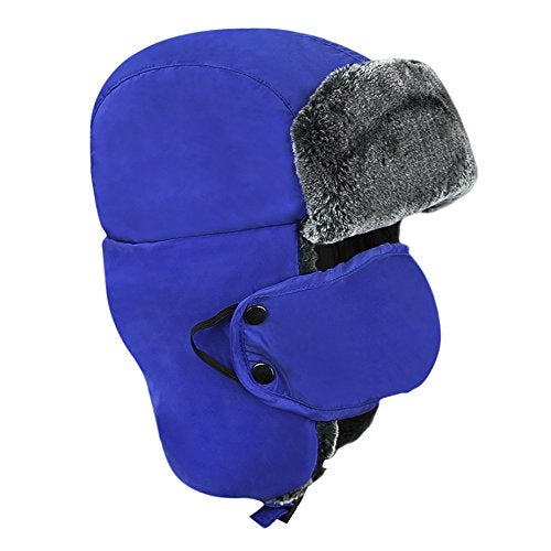 Fakeface Unisex Kids Teens Girls Boys Faux Fur Winter Warm Trapper Hat with Ear Flaps,Windproof Face Mask Fleece Thermal Outdoor Snow Ski Russian Ushanka Cap Trapper Trooper Pilot Aviator Hat Headwear - Blue - - Image 4