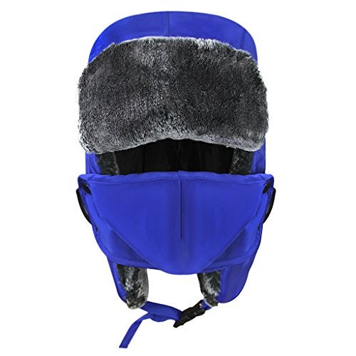 Fakeface Unisex Kids Teens Girls Boys Faux Fur Winter Warm Trapper Hat with Ear Flaps,Windproof Face Mask Fleece Thermal Outdoor Snow Ski Russian Ushanka Cap Trapper Trooper Pilot Aviator Hat Headwear - Blue - - Image 1