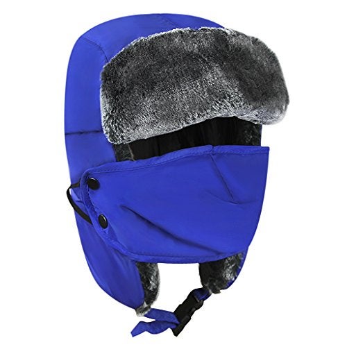 Fakeface Unisex Kids Teens Girls Boys Faux Fur Winter Warm Trapper Hat with Ear Flaps,Windproof Face Mask Fleece Thermal Outdoor Snow Ski Russian Ushanka Cap Trapper Trooper Pilot Aviator Hat Headwear - Blue - - Image 3