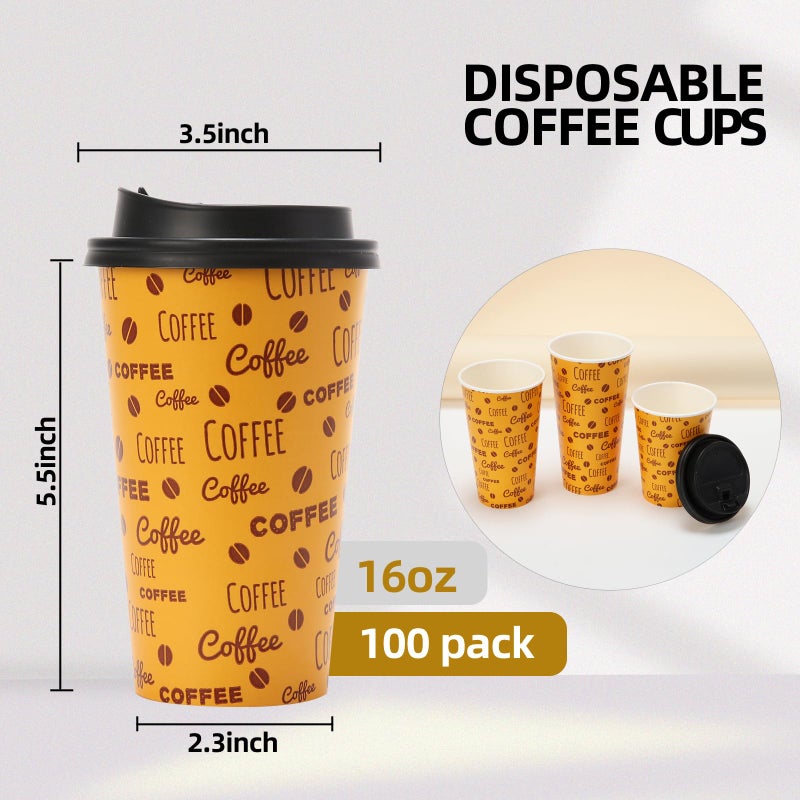 Tamone 100 PACK 16OZ Disposable Coffee Cups with Lids  To Go Coffee Cups with Lids Leak Proof  Coffee Bean Design Brown Paper Cups for Cold/Hot Beverage Chocolate Cocoa for Home Office - Image 2