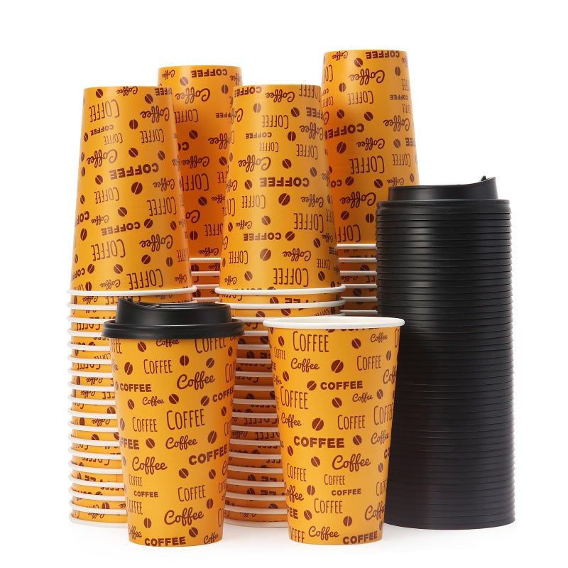 Tamone 100 PACK 16OZ Disposable Coffee Cups with Lids  To Go Coffee Cups with Lids Leak Proof  Coffee Bean Design Brown Paper Cups for Cold/Hot Beverage Chocolate Cocoa for Home Office - Image 1